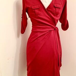 LOFT Red Wrap Midi Dress with Utility Pockets